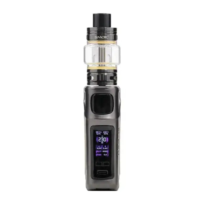 Electronic vaping device with a digital display and glass tank.