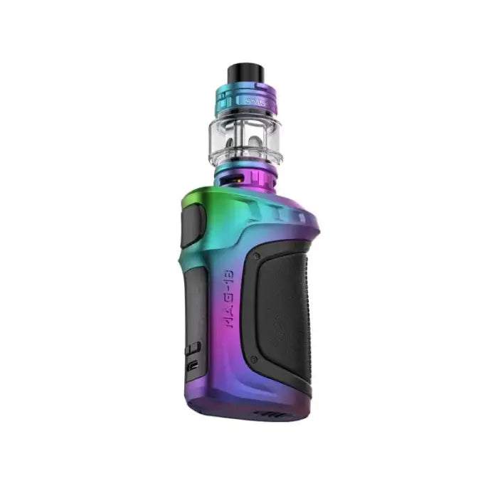 Colorful electronic vaping device with a glass tank and ergonomic design.