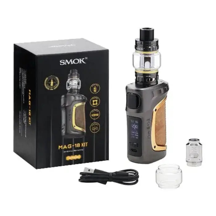 Electronic vaping device with its packaging and accessories.