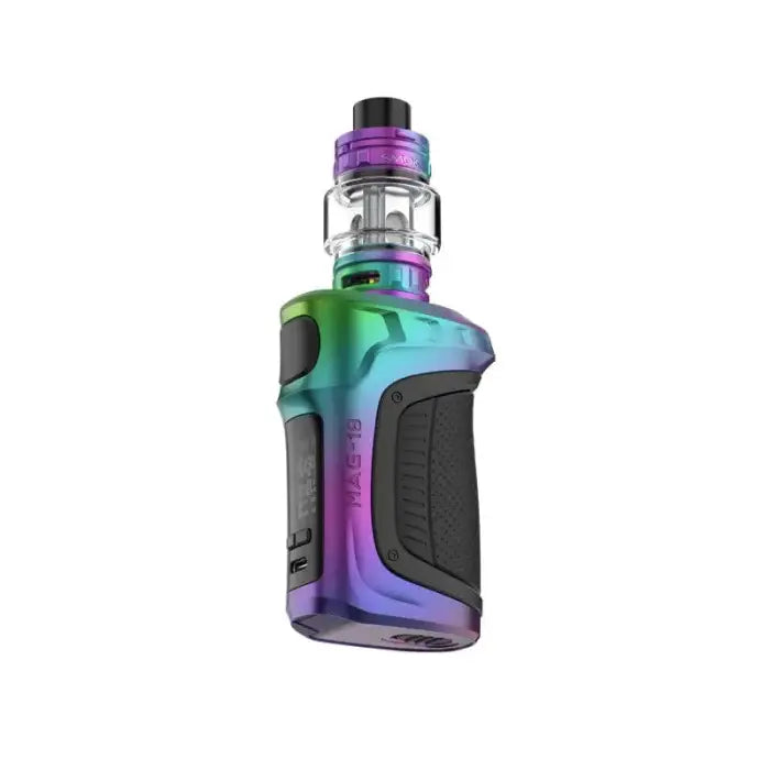 Colorful electronic vaping device with a curved ergonomic design and glass tank.