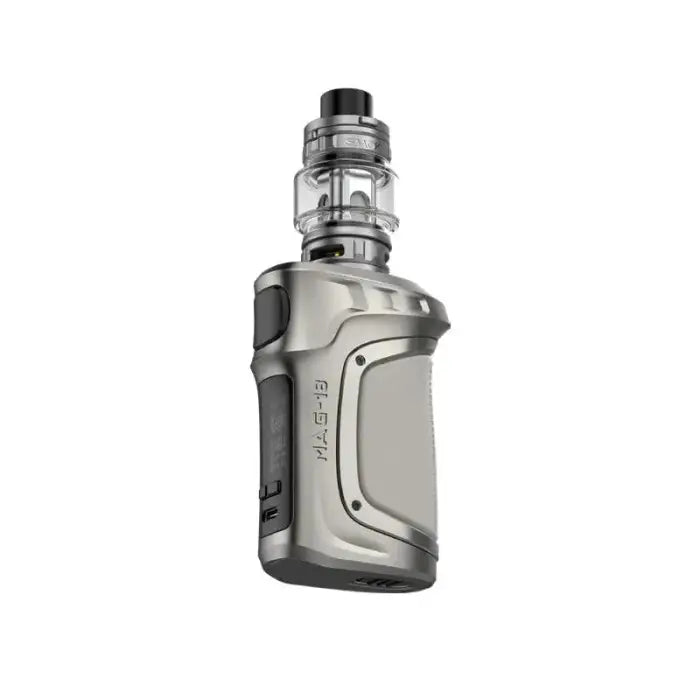 Electronic vaping device with a metallic body and glass tank.