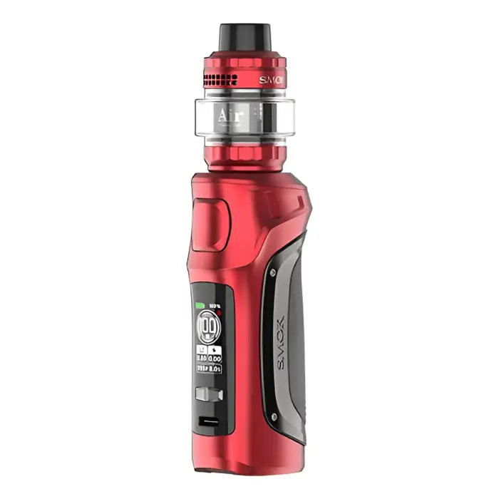 Red electronic vaping device with a digital display and adjustable settings.