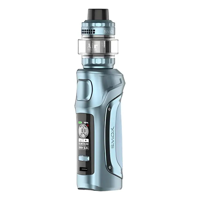 Electronic vaping device with a metallic blue body and digital display screen.