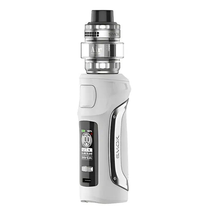 Electronic vaping device with a digital display and metallic tank attachment.