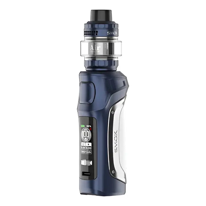 Electronic vaping device with a blue and silver body, featuring a digital display and adjustable settings.