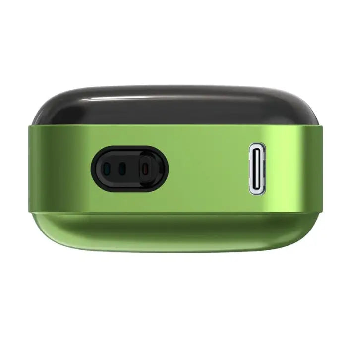 Portable electronic device with a green body and black top, featuring a power outlet and USB port.