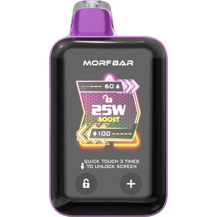 Vape device with a purple top and digital display showing power settings.