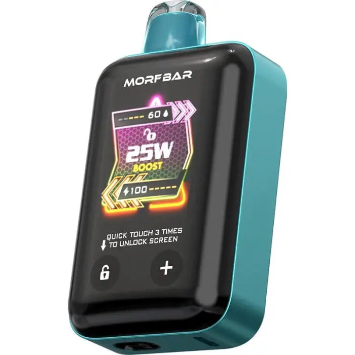 Teal and black electronic vaping device with a digital display screen.