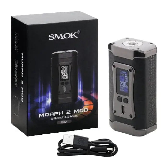 Electronic vaping device with a digital display and its product packaging.