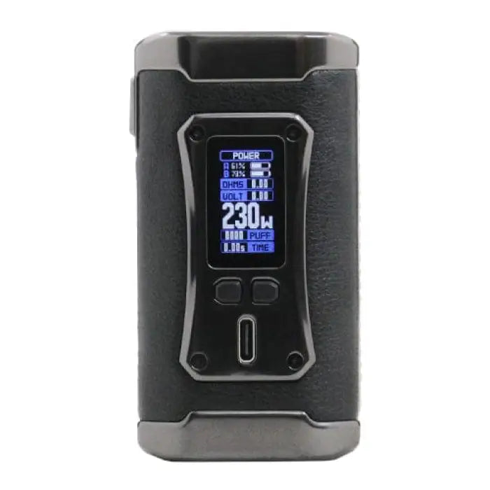 Electronic vaping device with a digital display showing wattage and other settings.