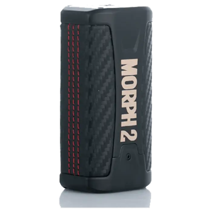 Black electronic vaping device with ’MORPH 2’’ branding and red stitching details.