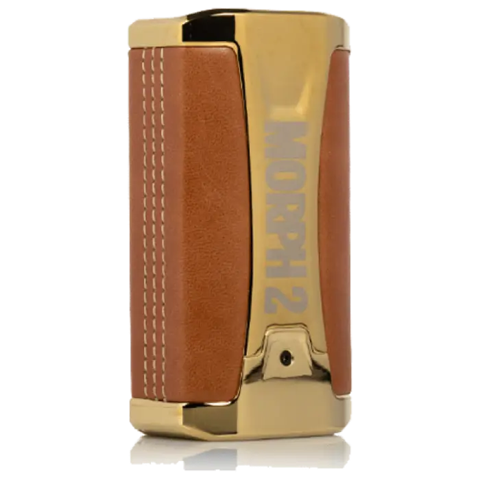 Leather-wrapped electronic vaping device with gold-colored accents.