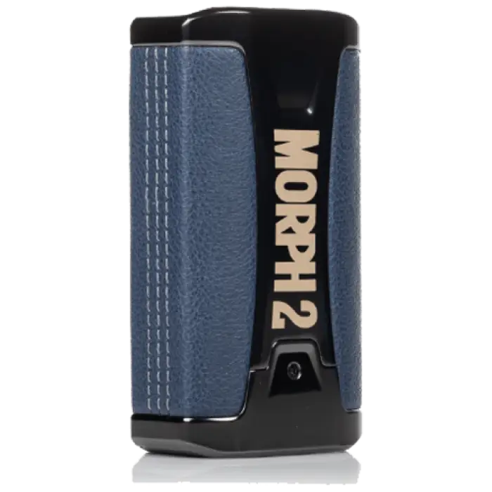 Electronic vaping device or mod with ’MORPH 2’’ branding in gold lettering on a blue and black body.