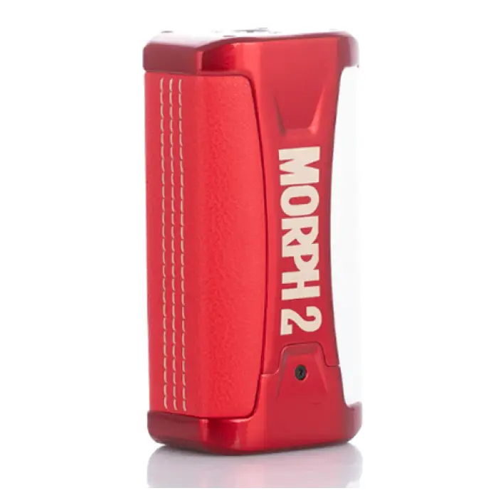 Red electronic vaping device or mod labeled ’MORPH 2’’ on its side.