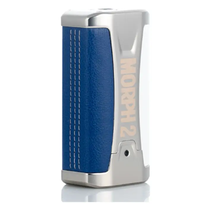 Vaporizer or e-cigarette device with a blue and silver design.