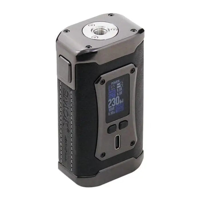 Electronic vaping device or mod with a digital display screen and textured grip.