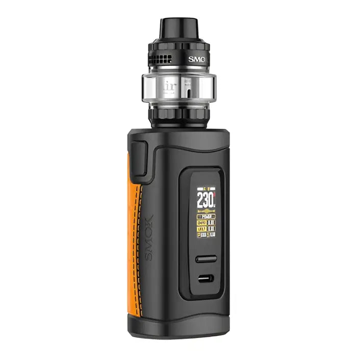 Electronic vaping device with a digital display and orange accent.