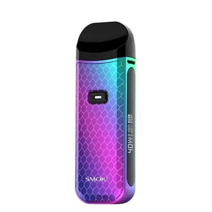 Colorful electronic vaping device with a honeycomb pattern and iridescent finish.