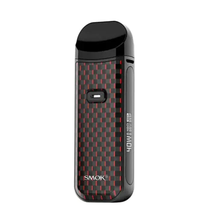 Sleek black and red electronic vaping device with a textured pattern.