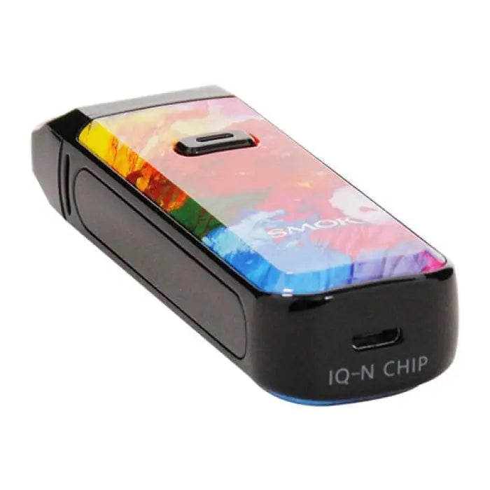 Colorful electronic vaping device with a rainbow-patterned exterior.