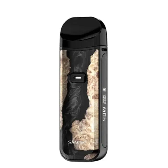 Vape device with a black and tan camouflage pattern design.