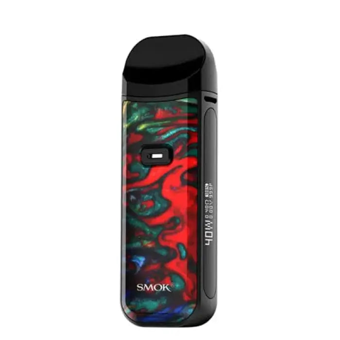 Vape device with a colorful red, green, and blue swirled pattern on its body.