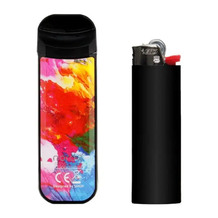 Colorful vape device next to a black lighter.