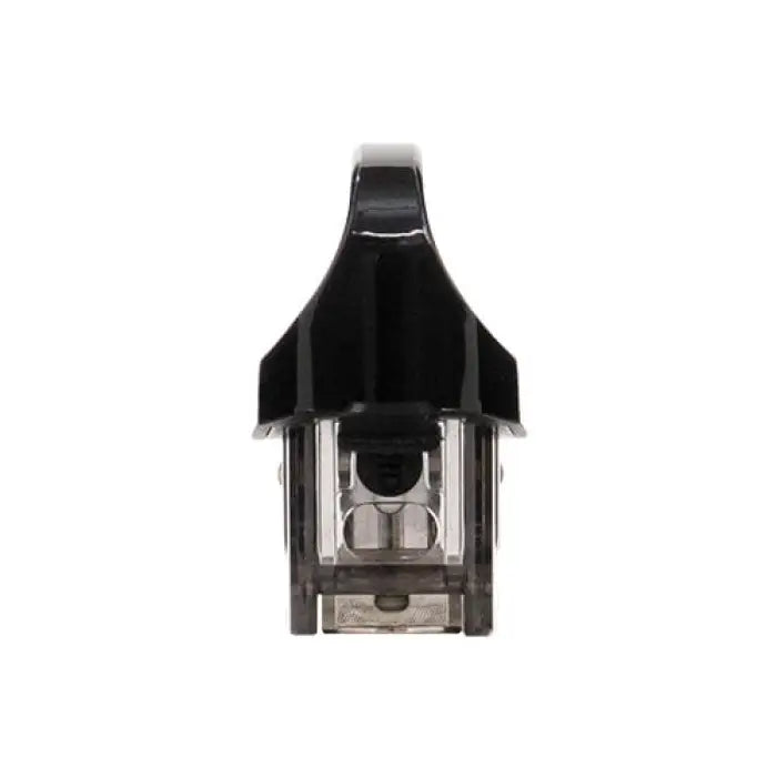 Vape pod or e-cigarette cartridge with a black mouthpiece and clear reservoir.