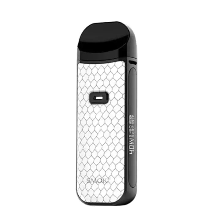 Sleek electronic vaping device with a white patterned body and black accents.