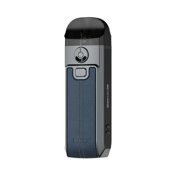 Sleek electronic vaping device with a dark gray and silver color scheme.