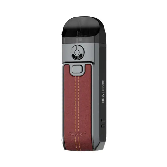 Sleek electronic vaping device with a red leather-textured panel and silver accents.