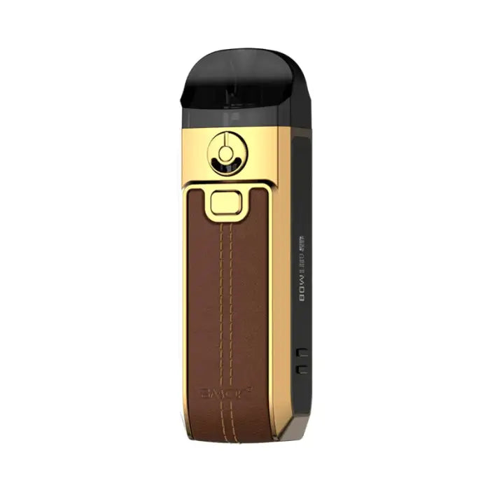 Sleek electronic vaping device with a gold and brown leather-textured body.