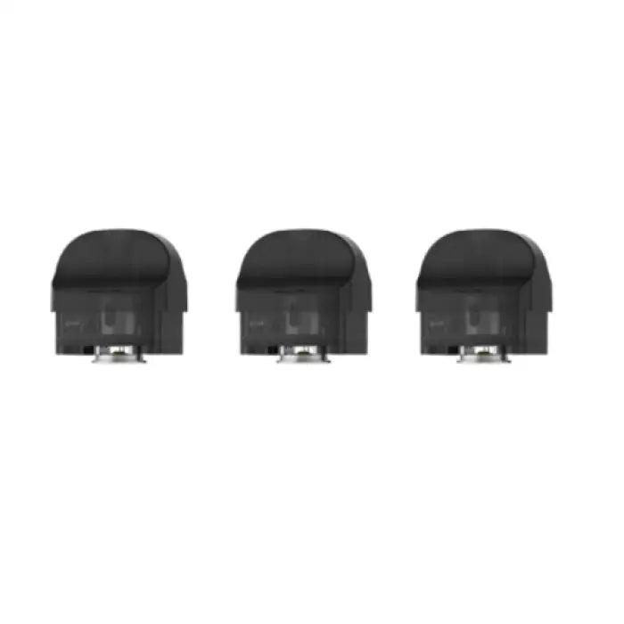 Three identical black pod-shaped vaping cartridges or e-cigarette refills lined up in a row.