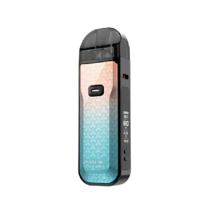 Vape device with a gradient-colored body transitioning from peach to teal.