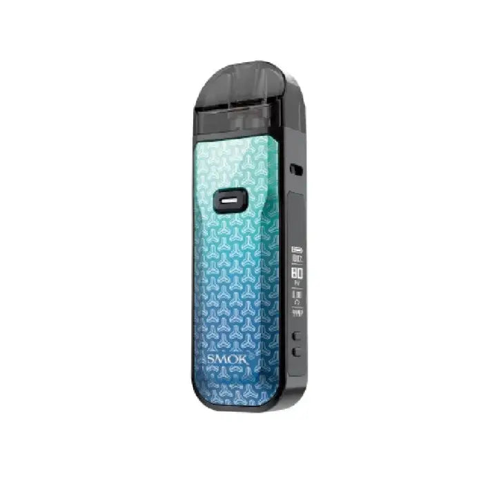 Sleek electronic vaping device with a gradient blue-green patterned body and black accents.