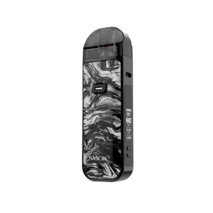 Electronic vaping device with a black and gray marbled pattern design.