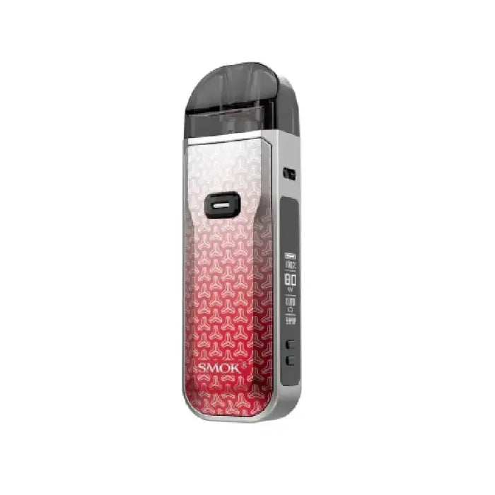 Electronic vaping device with a gradient red and white patterned exterior.