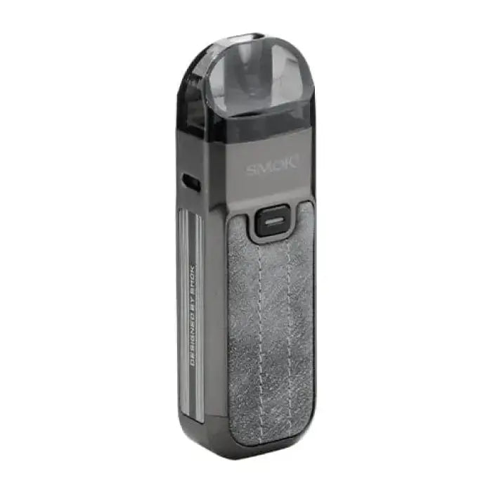 Sleek electronic vaping device with a textured gray body and clear mouthpiece.