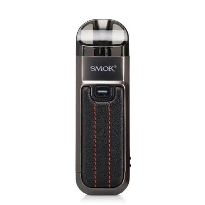 Electronic vaping device with a black body and clear mouthpiece, branded ’SMOK’.