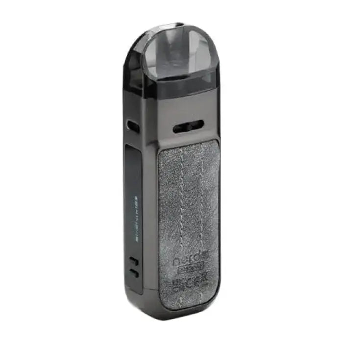 Sleek, dark-colored electronic vaping device with a textured panel.