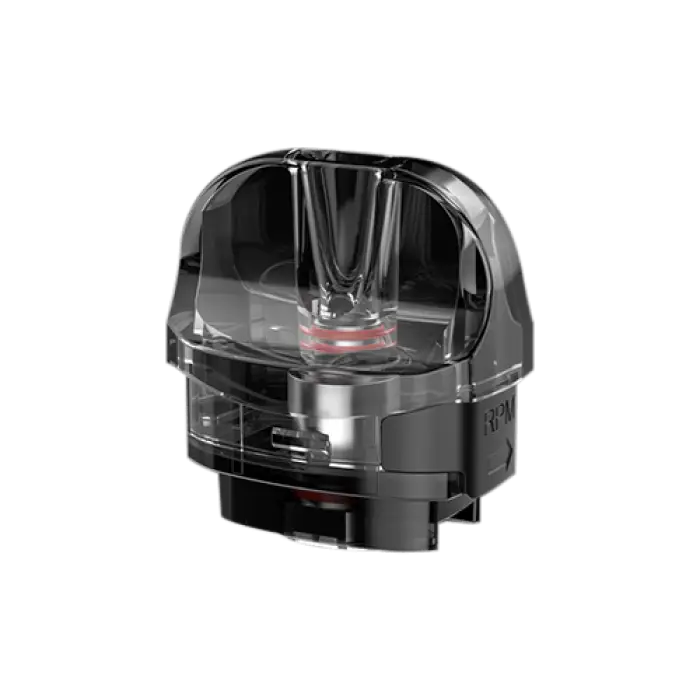 Transparent and black electronic vaping pod or cartridge.