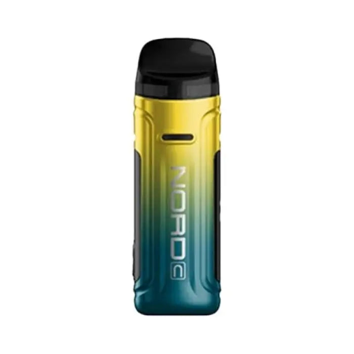 Vape device with a gradient yellow-to-teal body and black top.