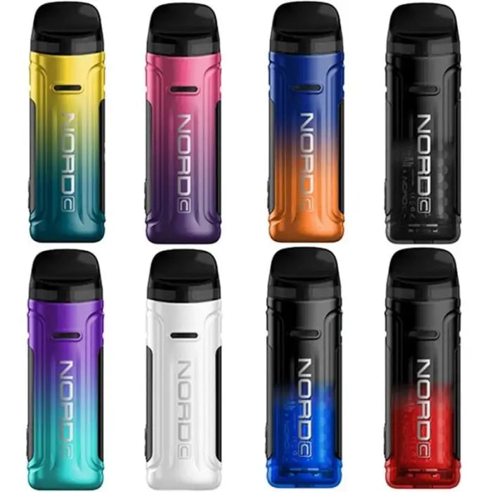 Colorful electronic vaping devices or e-cigarettes in various gradient color options.