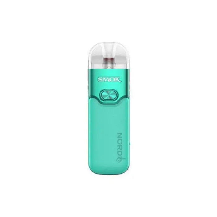 Teal-colored electronic vaping device with a clear mouthpiece and ’SMOK’ branding.