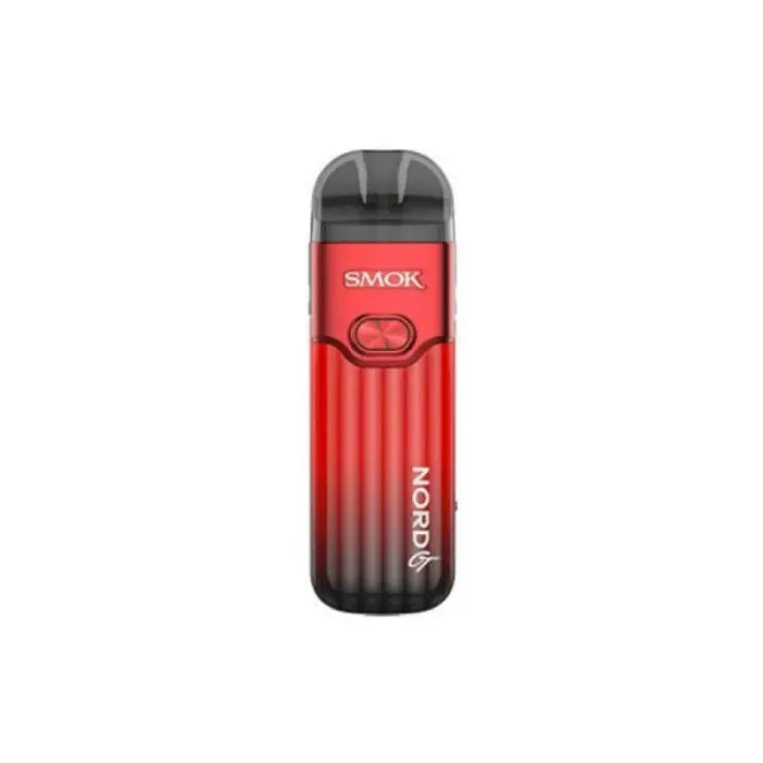 Red and black electronic vaping device with ’SMOK’ branding.