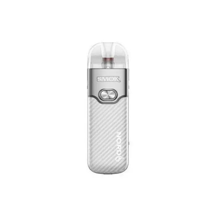 White electronic vaping device with a textured surface and transparent mouthpiece.