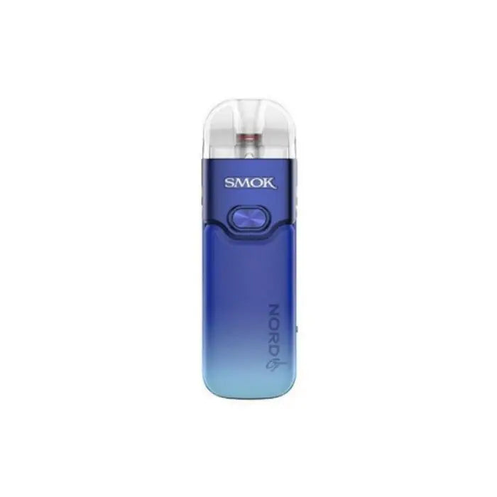 Blue and teal gradient electronic vaping device with a clear mouthpiece and ’SMOK’ branding.