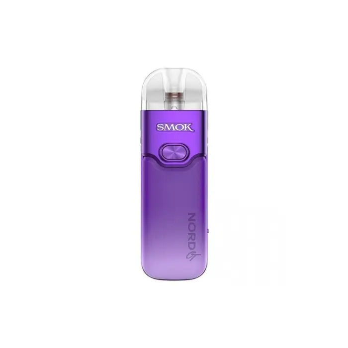 Purple electronic vaping device with a clear mouthpiece and ’SMOK’ branding.