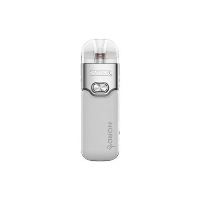 Portable electronic vaping device with a clear mouthpiece and white body.