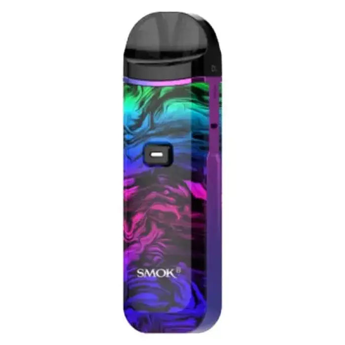 Colorful vape device with swirling abstract patterns in vibrant blues, purples, and pinks.